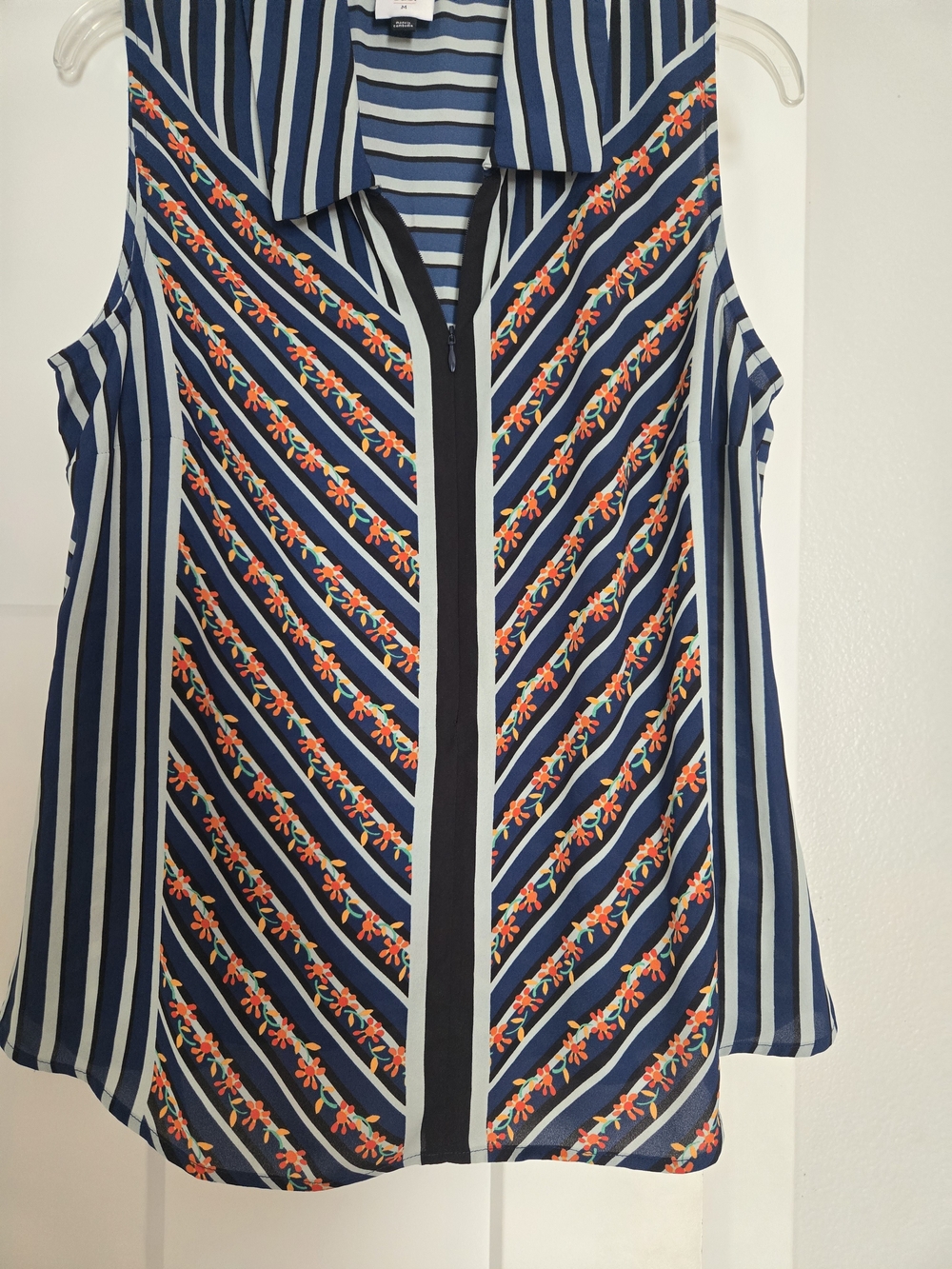 CAbi Navy and Light Blue Striped Sleeveless Camisole with Floral Embroidery